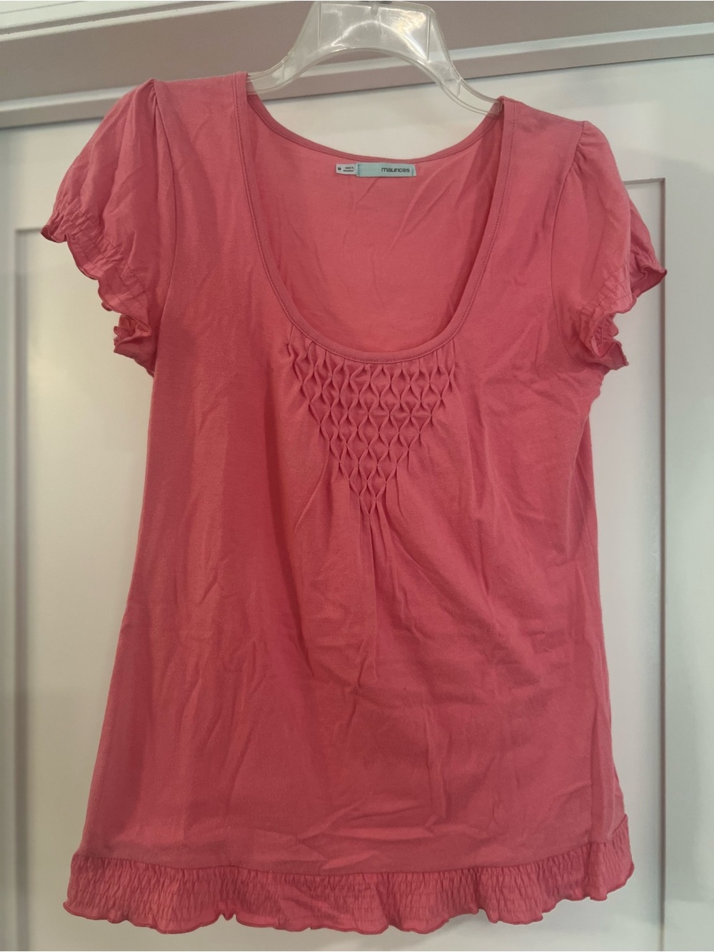 Maurices Coral-Pink Short Sleeve Scoop Neck Top with Smocked Detail